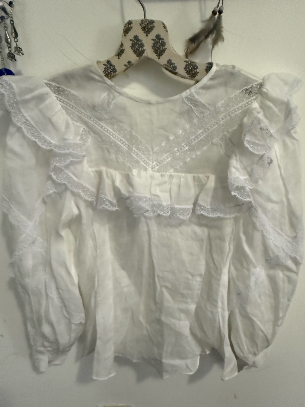 Sandro Paris Ecru Ruffle Lace Blouse Size 0 XS White BohoBalloon Sleeve NWT $370